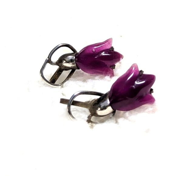 Vintage 40's /50's Sterling Silver & Purple Lucite Tulip Screw Back Earrings - Picture 3 of 11
